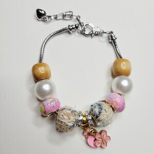NWT Pandora Style Charm Bracelet Korean Yarn Pink Enameled Charms Wood Beads S/M
